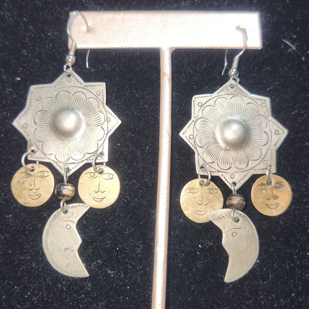 Vintage Celestial Sun Moon Star Mixed Metal Dangle Earrings Boho Ethnic Mystic